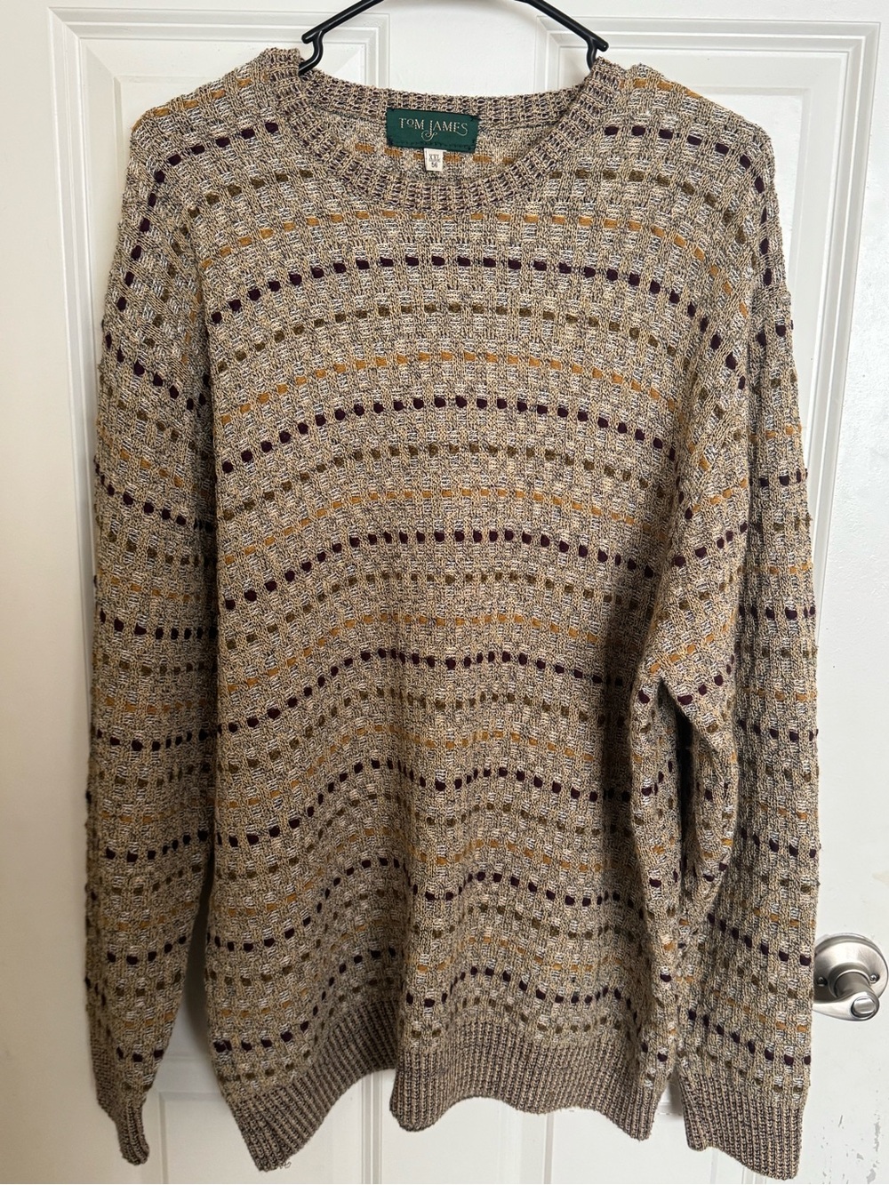 Tom James Men's Crewneck Sweater in Beige with Accent Stripes
